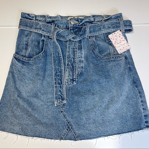 Free People Denim Blue Mini Skirt Button Fly Belted - Picture 4 of 10